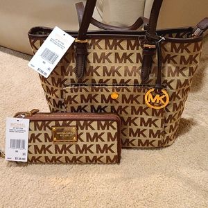 Michael Kors handbag and matching wallet. Brown and tan.